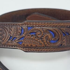 VTG Hooey Tooled Leather Western Belt Unisex 32 Brown Cowboy Floral Blue inlay